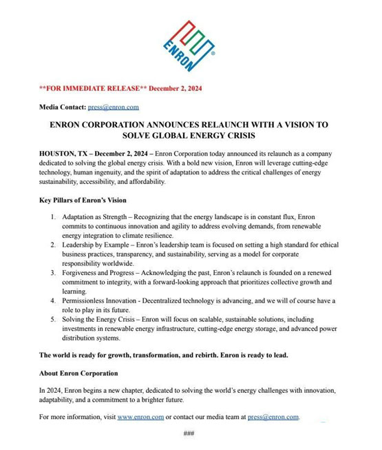 最大金融丑闻安然(enron)复活？称要用加密货币技术解决能源危机