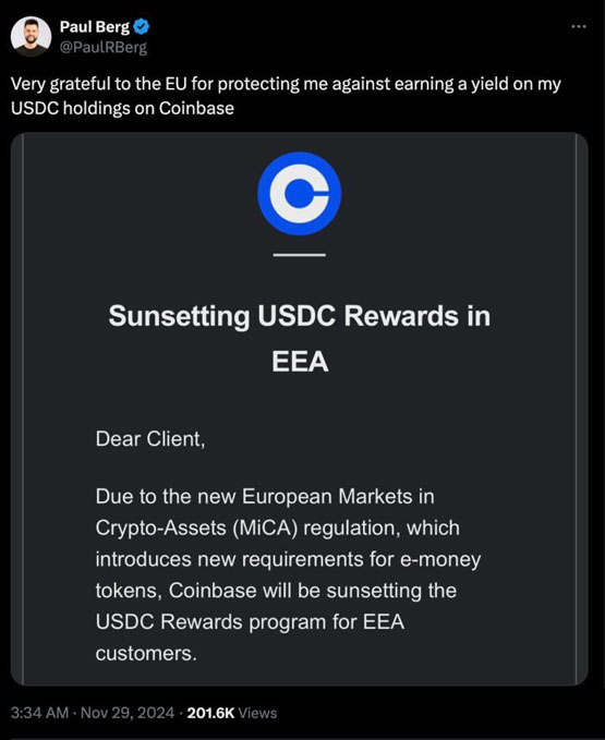 coinbase退出土耳其!受mica影响停用欧洲用户usdc收益服务