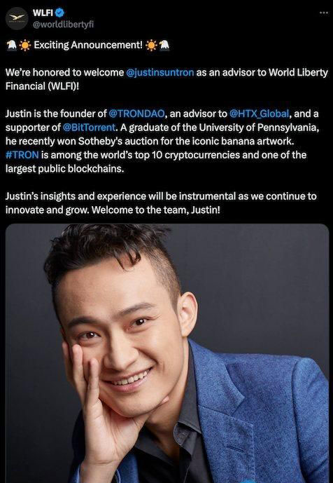 world liberty financial宣布:正式聘请孙宇晨担任wlfi顾问