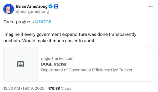 马斯克doge已帮美国省下367亿美元!coinbase ceo:财政收支必须上链