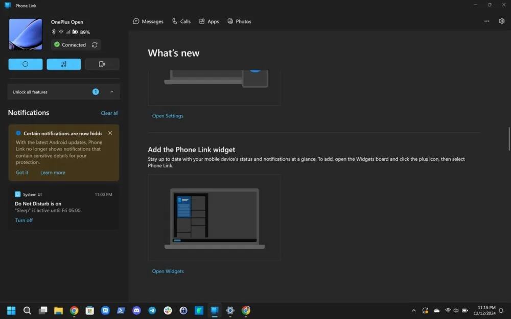 windows phone link 应用提醒用户：更新安卓 15 后无法显示特定