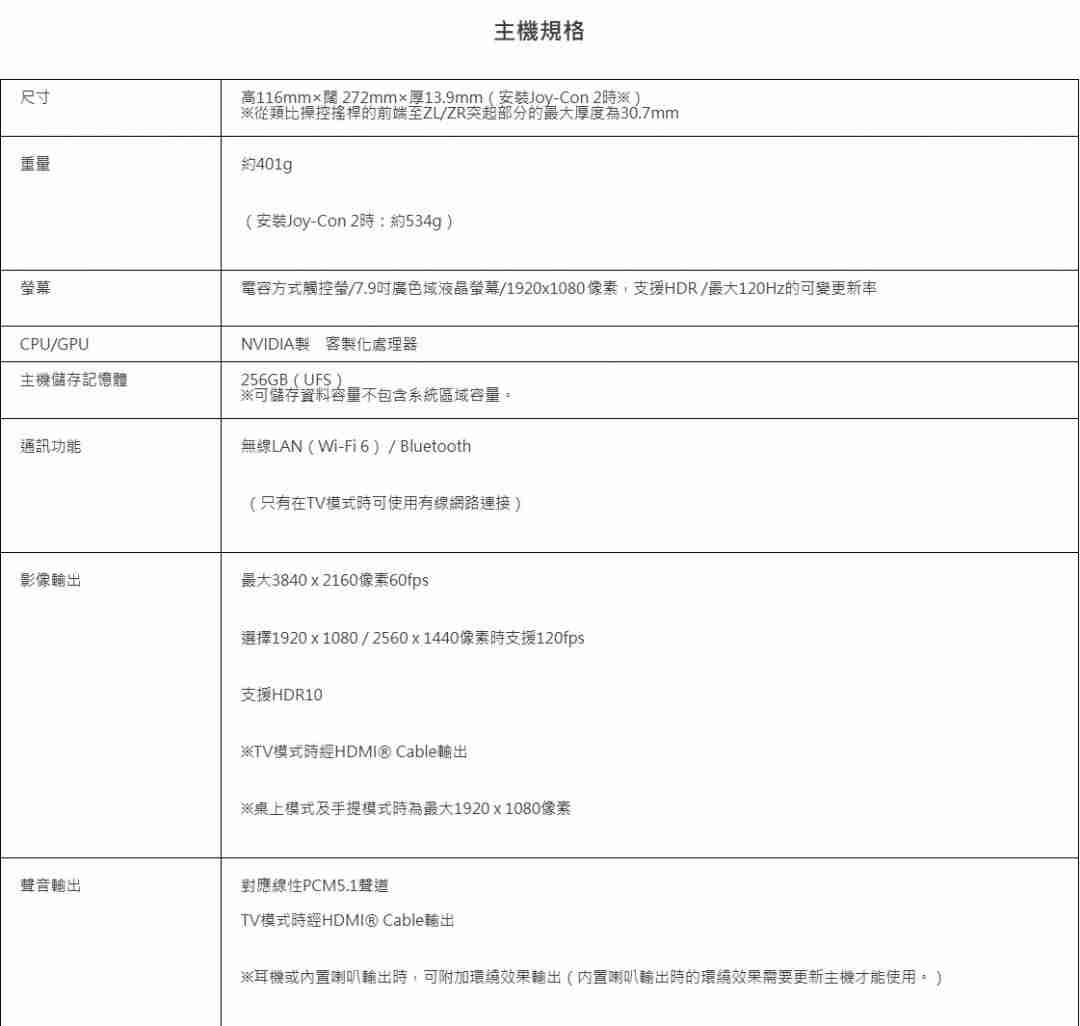 switch 2硬件规格公布 底座模式支持4k/60fps