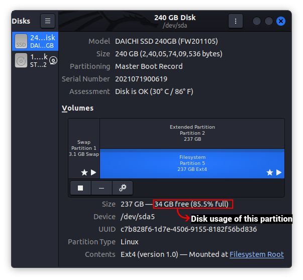 使用 gnome disks tool 检查可用磁盘空间