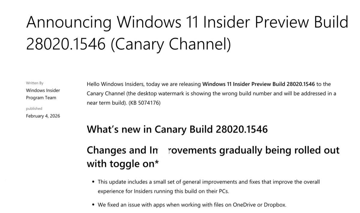 Win11 Canary预览版28020.1546发布:附KB5074176修复bug