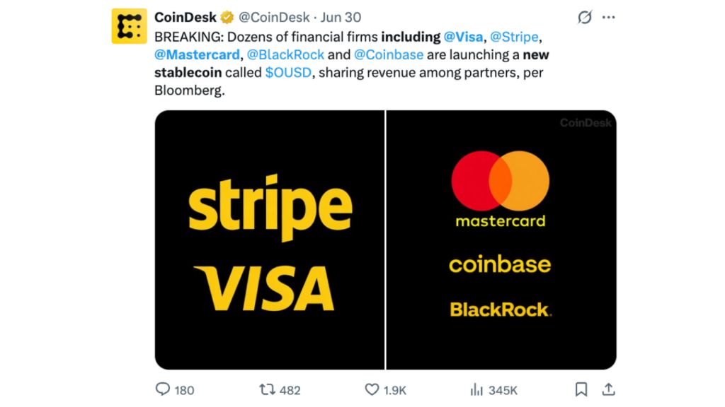 visa、mastercard、coinbase等140多家公司联合推出open usd 稳定币