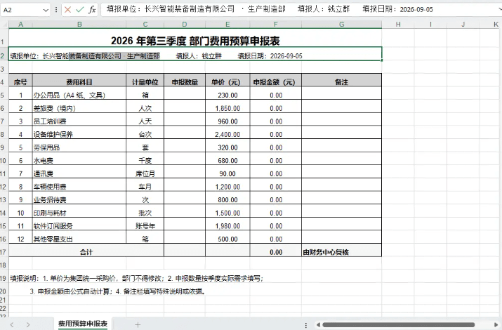 未加保护的《部门费用预算申报表》裸表,科目、单价、公式全部可改